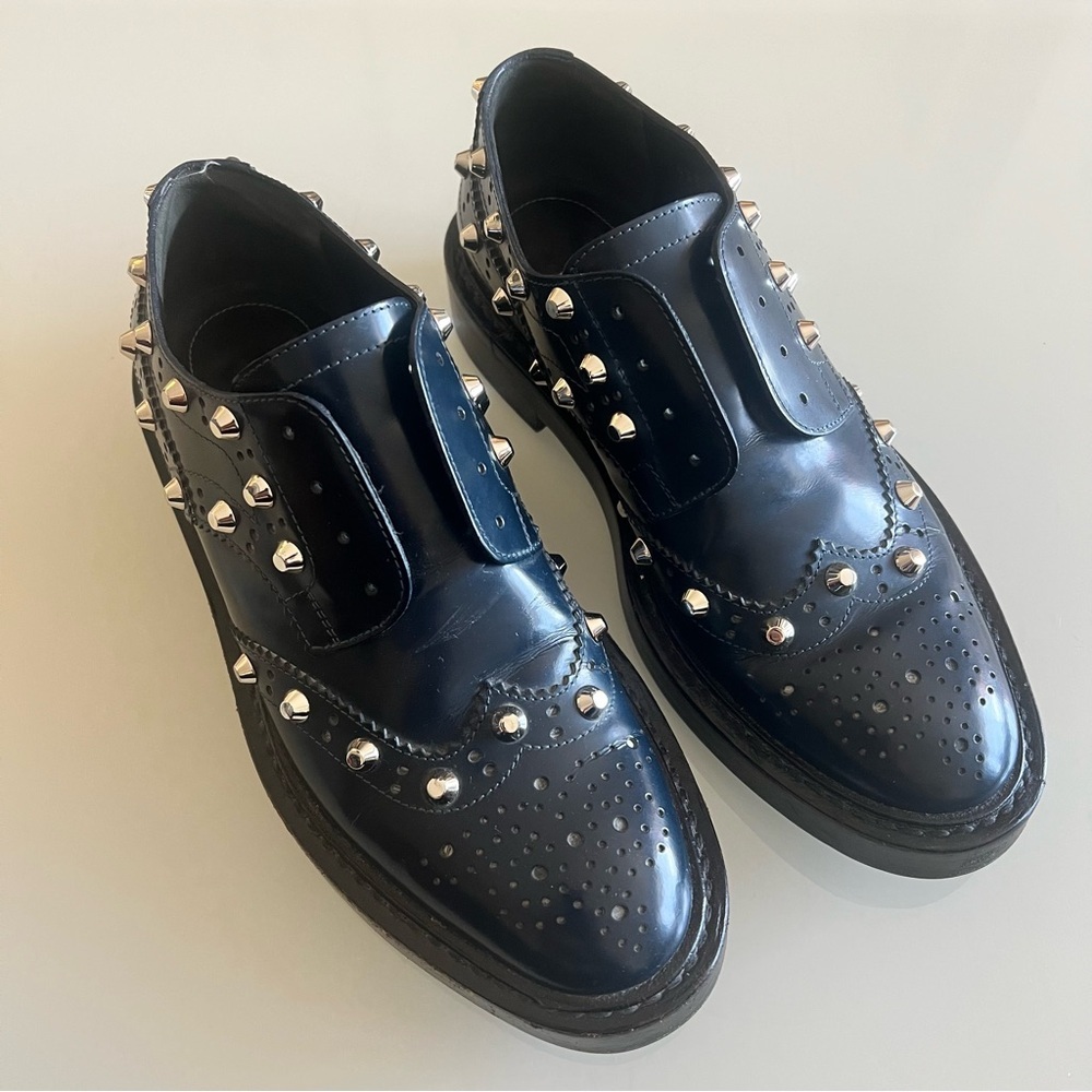 BALENCIAGA Studded Wingtip Platform Loafers Blue Leather Shoes - Picture 15 of 15